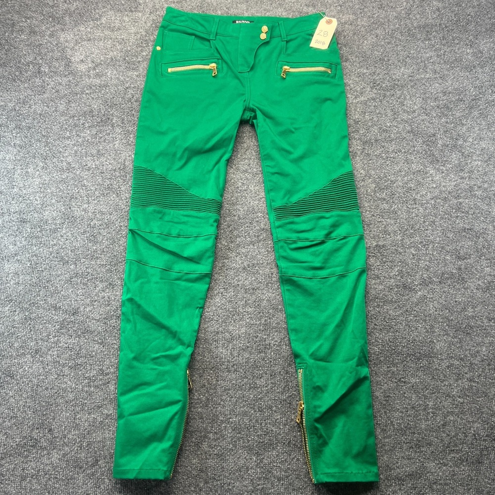 Balmain Biker Pants Womens 38 Green Ribbed Knee Tailored Ankle Zip Skinny Leg